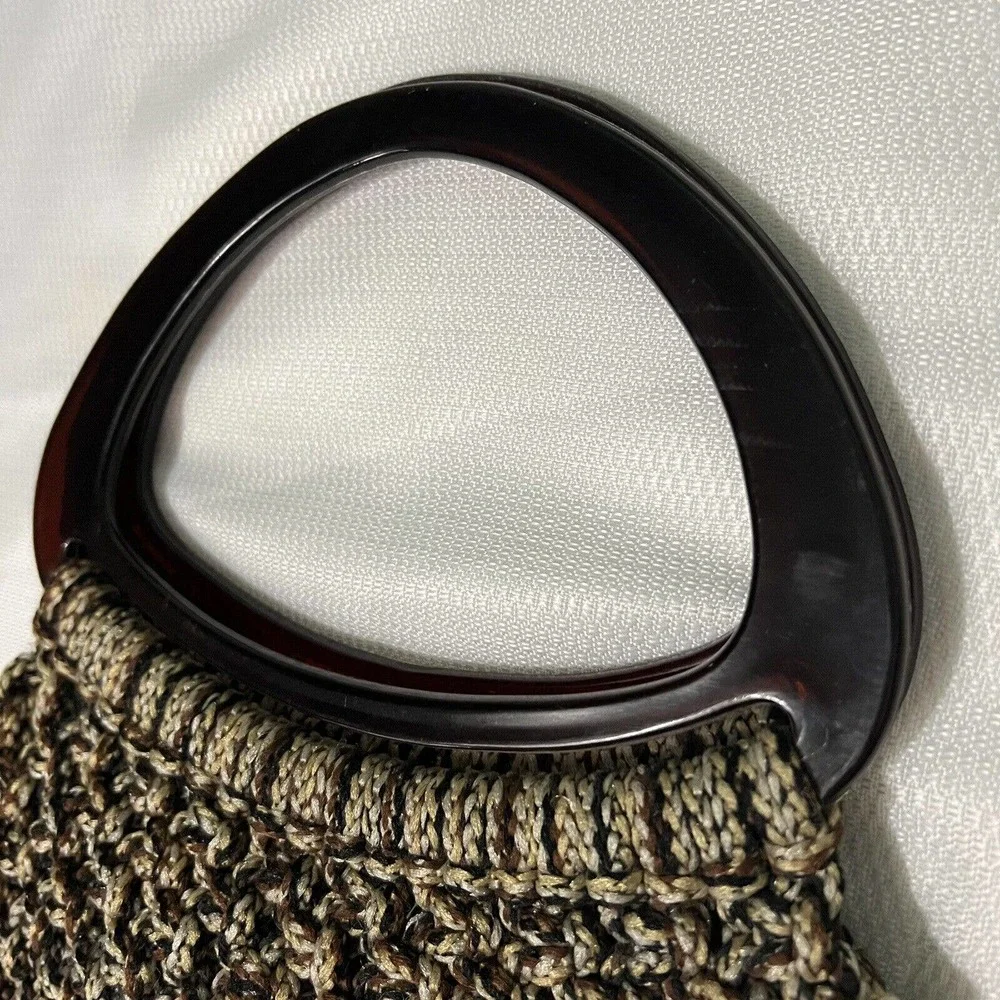 Vintage 60’s-70’s BOHO Brown Beige Macrame Handbag Purse Lucite Top Handles